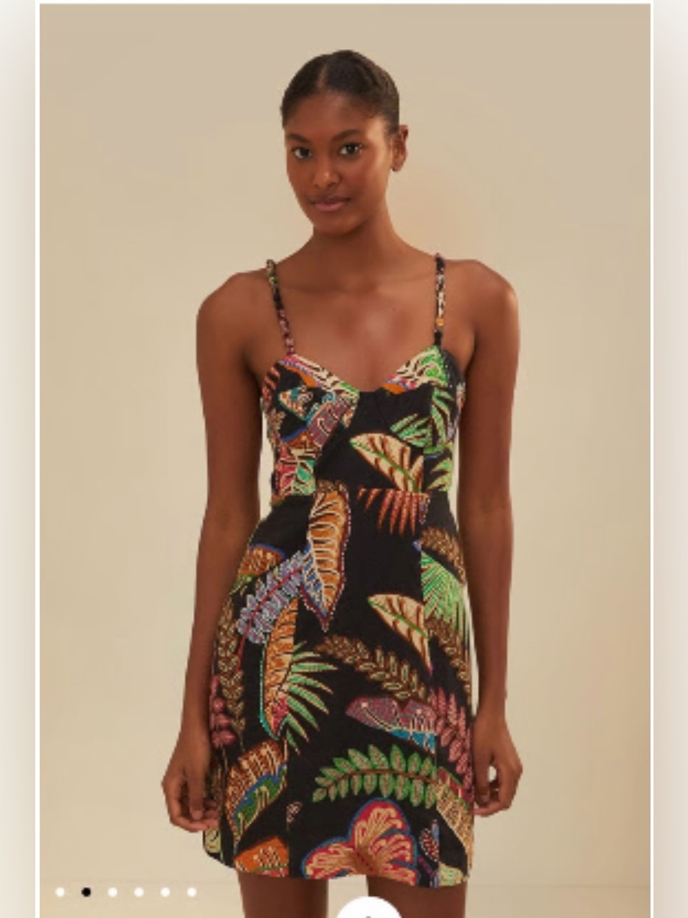 FARM Rio Tropical Leaf Mini Dress Beaded Strap Black Multicolor NWOT - Size L